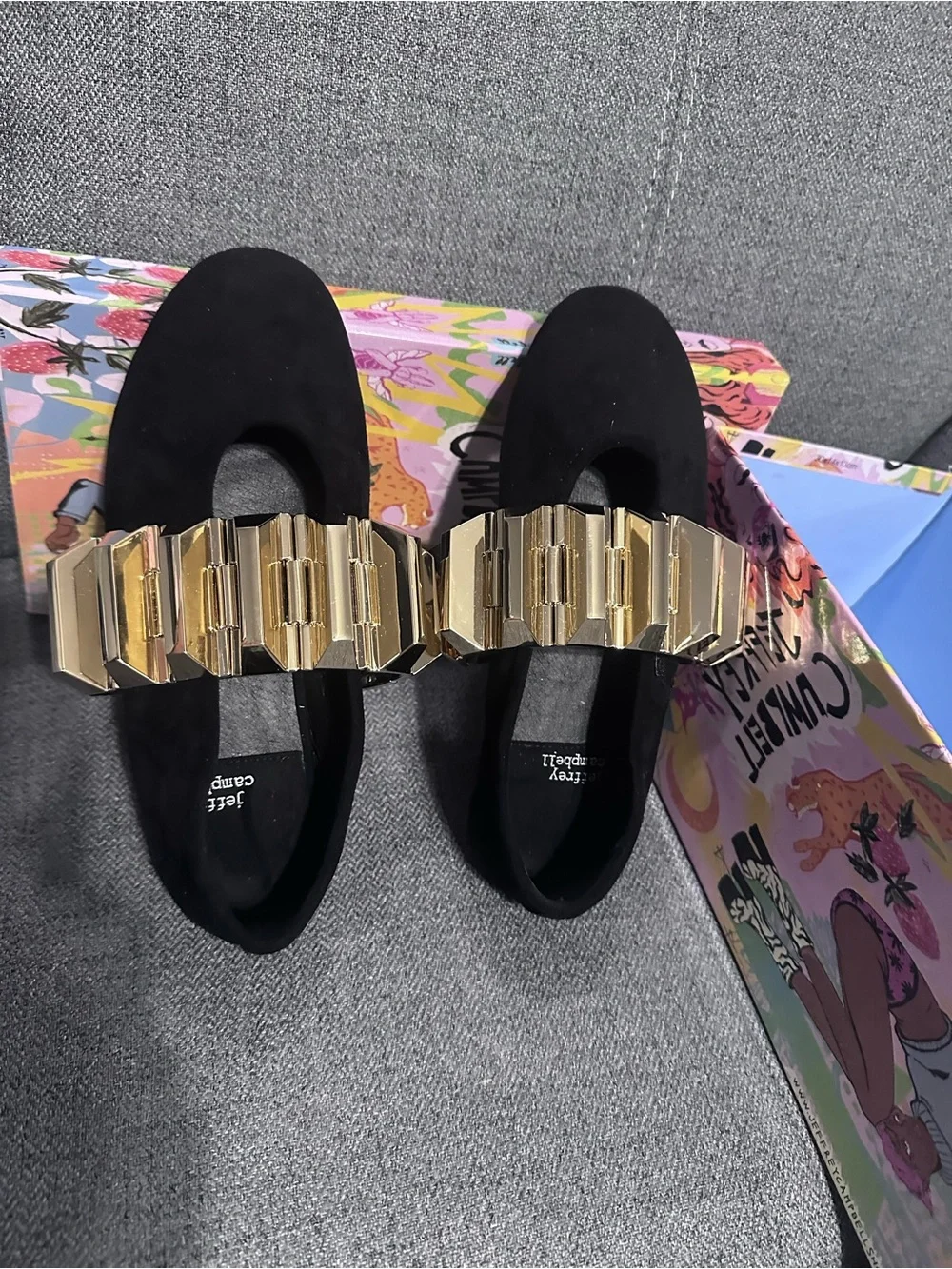 Jeffrey Campbell Rigid Ballet Flat – Black Suede/Gold – New With Box